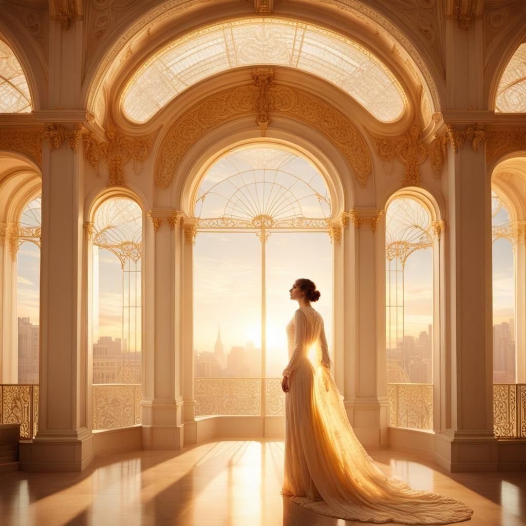 Ethereal Art Nouveau Library Blends with Infinity