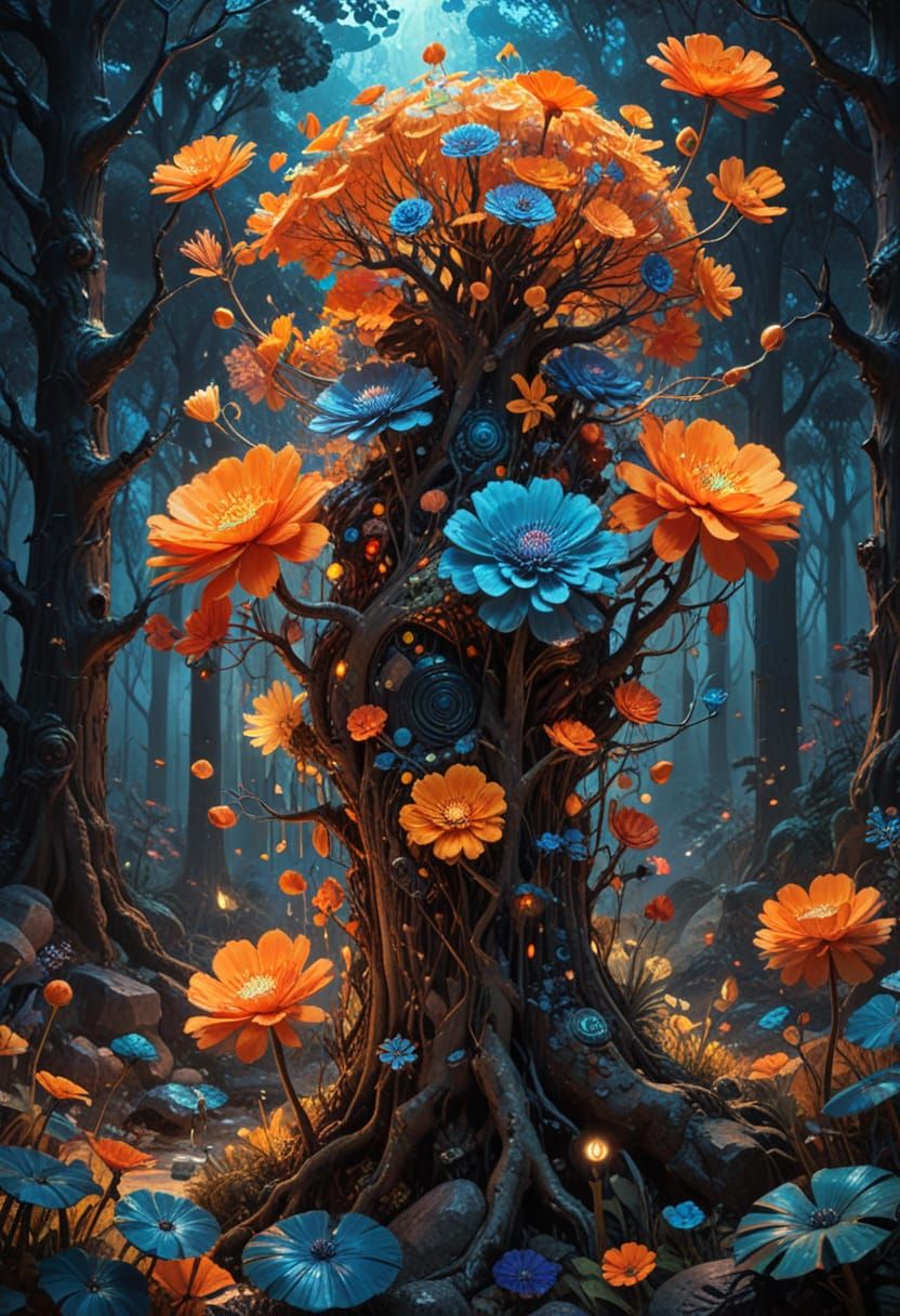 Vibrant Surreal Forest Scene in Triadic Colors