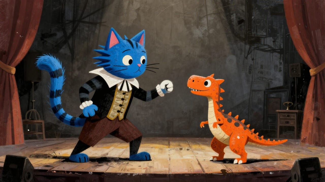 Cartoon Cat and T-Rex Perform Shakespeare Play