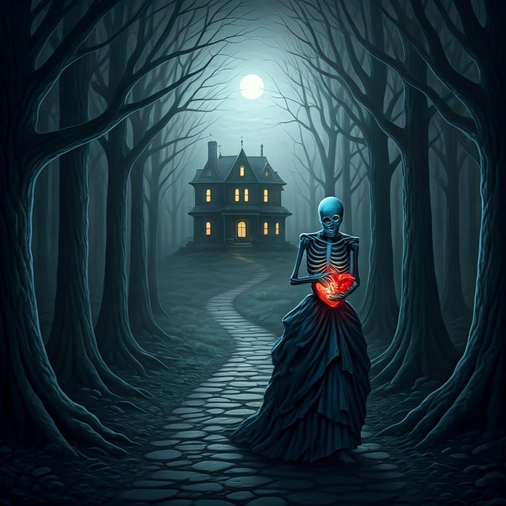 Victorian Skeleton with Shattered Heart in Dark Forest