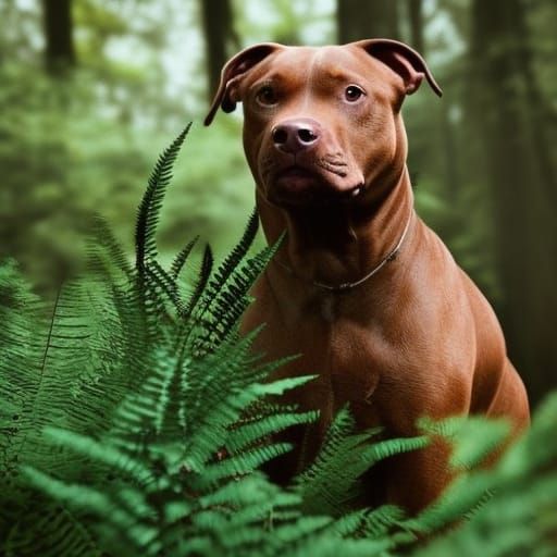 Brown Pitbull in Forest: Cinematic Digital Painting