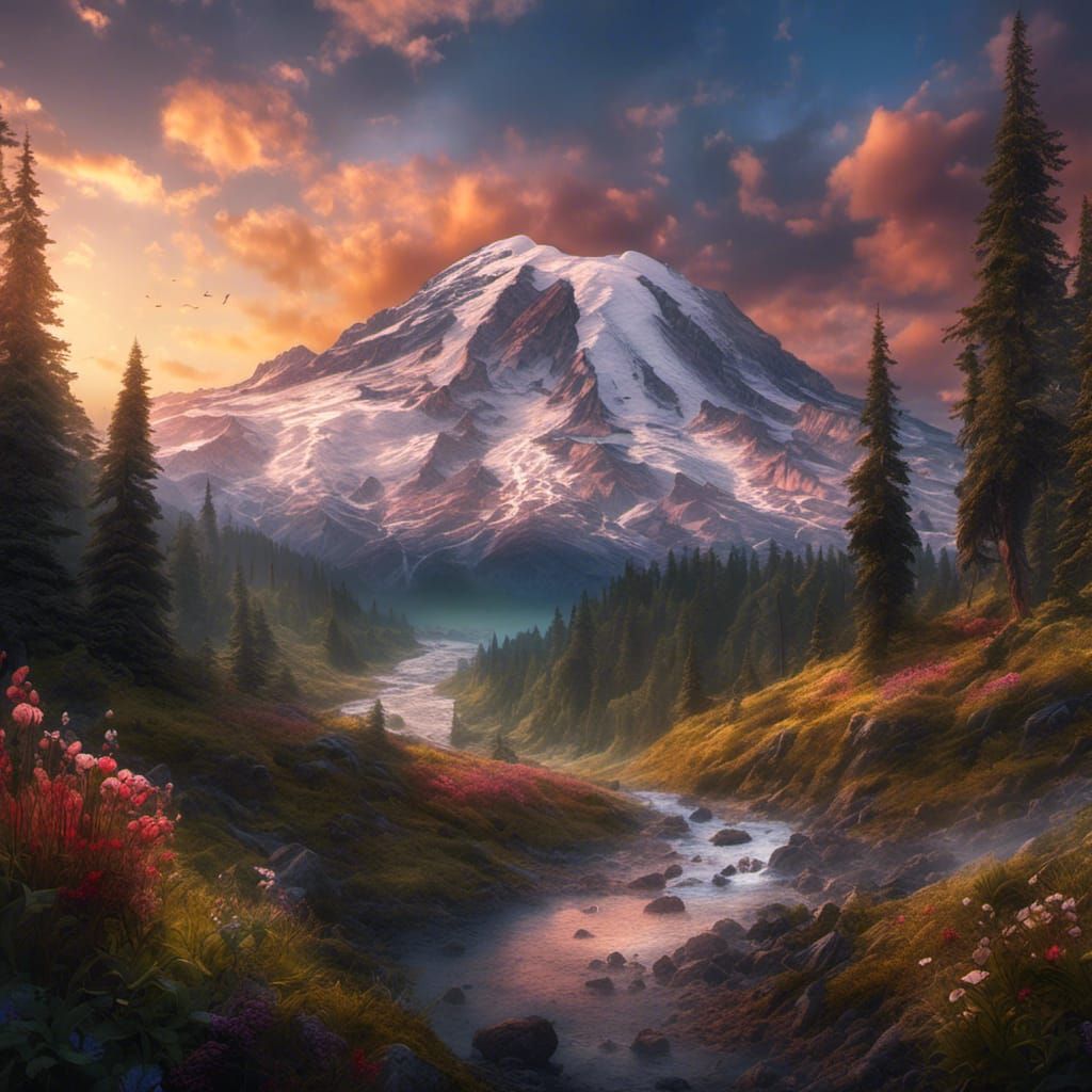 Mount Rainier Sunset: Epic Digital Matte Painting