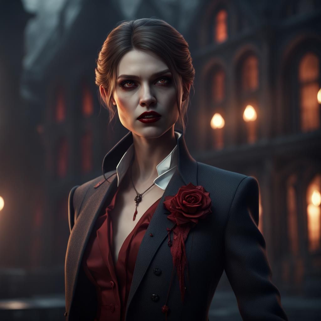 Female Vampire in Suit: Detailed Fantasy Art