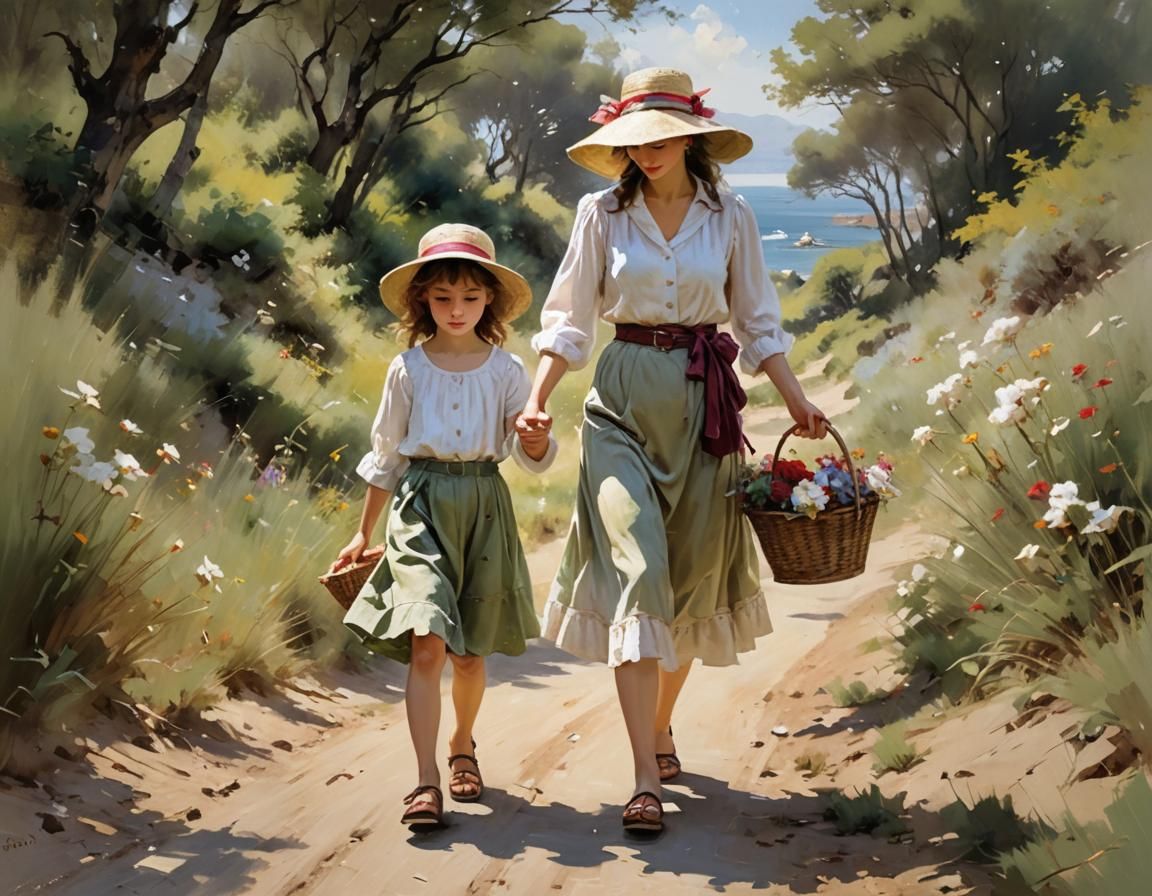 Mother and Daughter Walking, Watercolor Painting