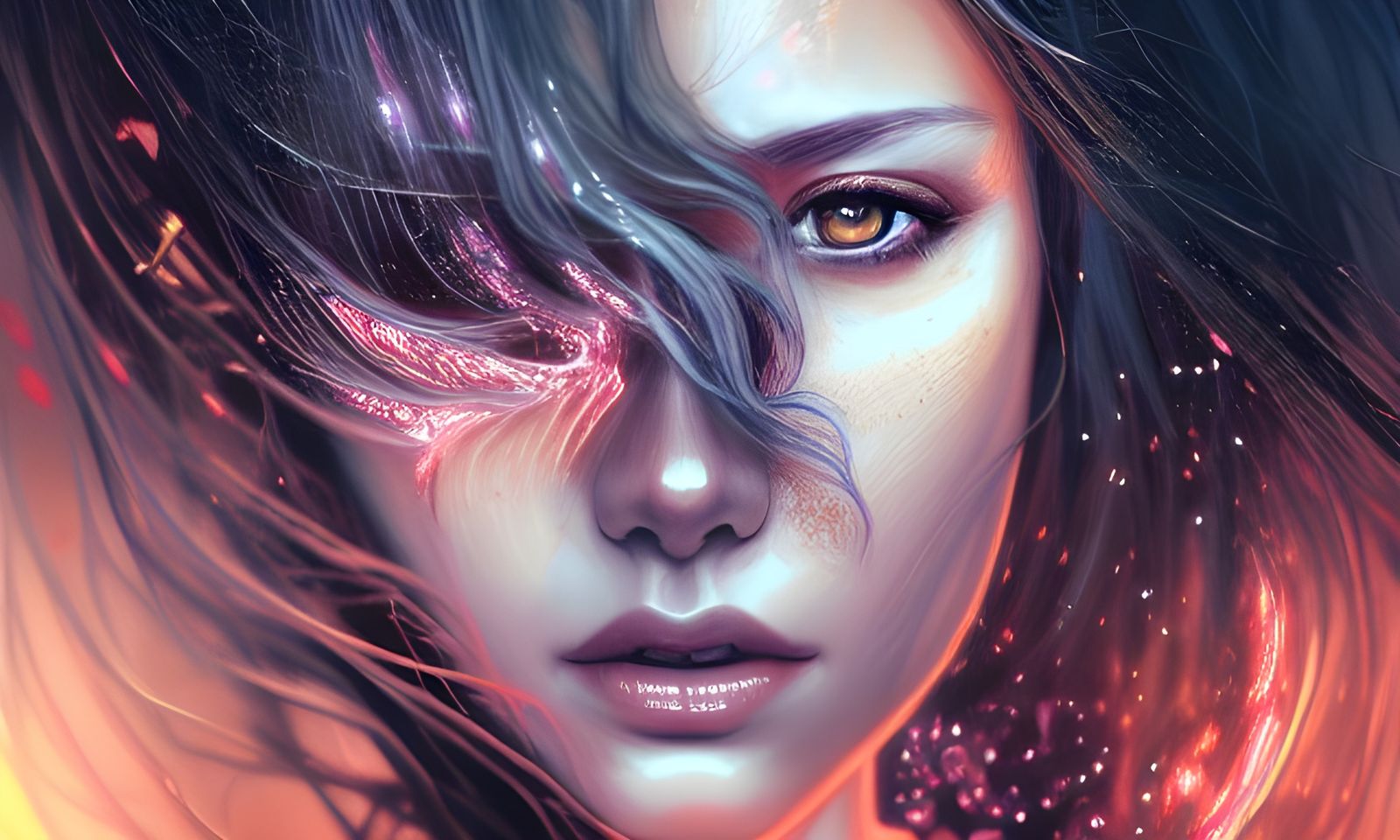Cybernetic Girl Portrait with Dark Flames
