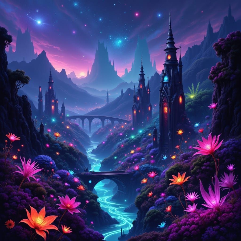 Bioluminescent Alien Cityscape in Cyberpunk Style