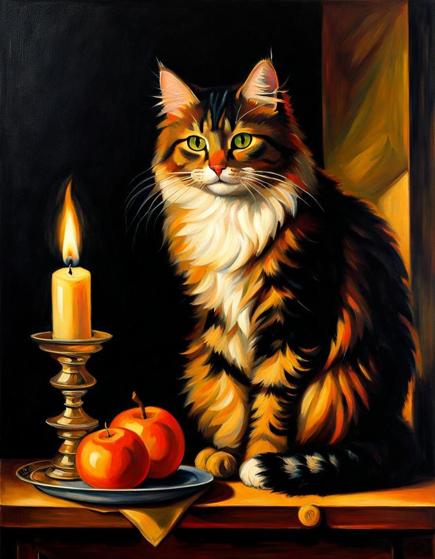 Fluffy Cat and Candle Still Life, Renaissance Style