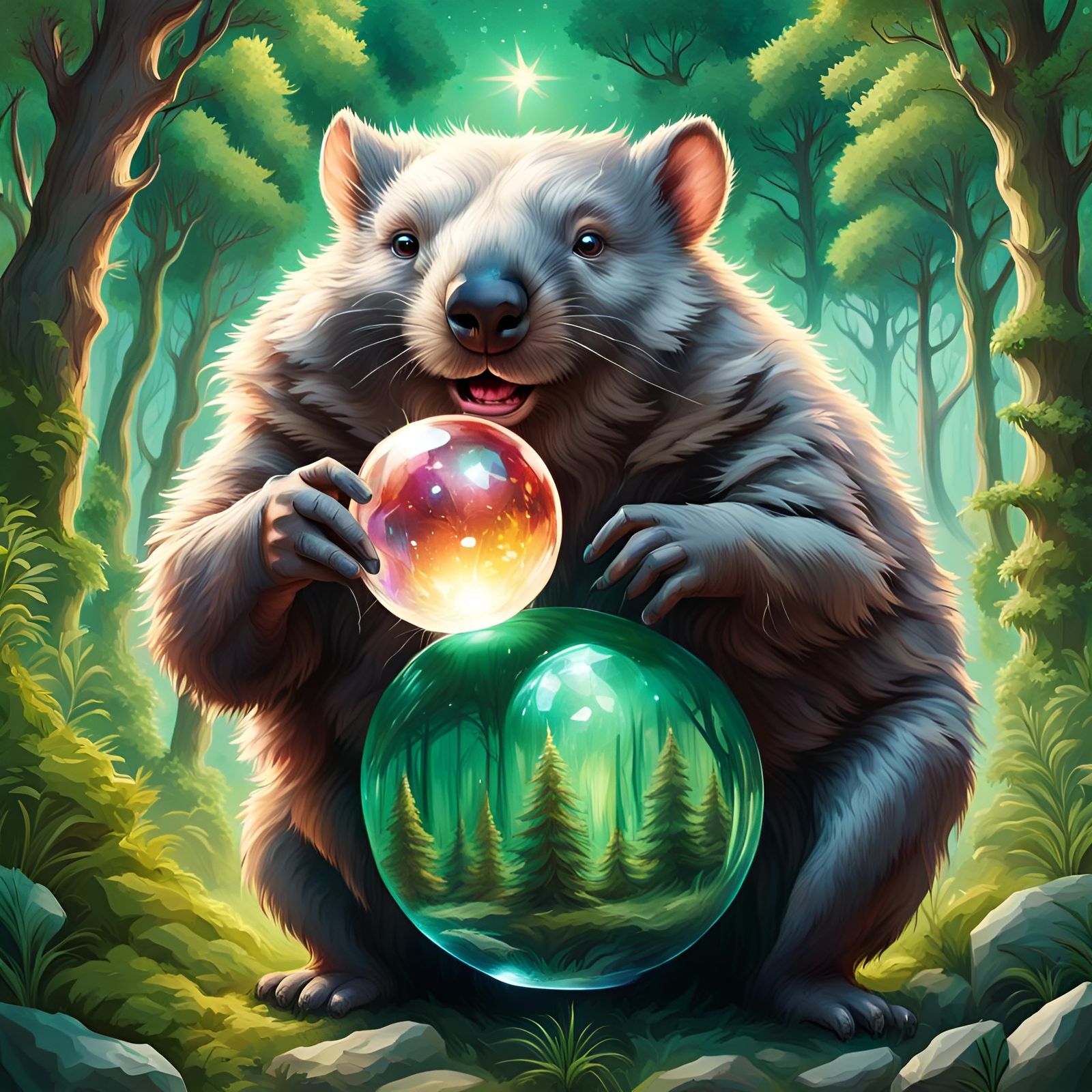 Wombat Wizard in Lush Forest: Hyperrealistic Art
