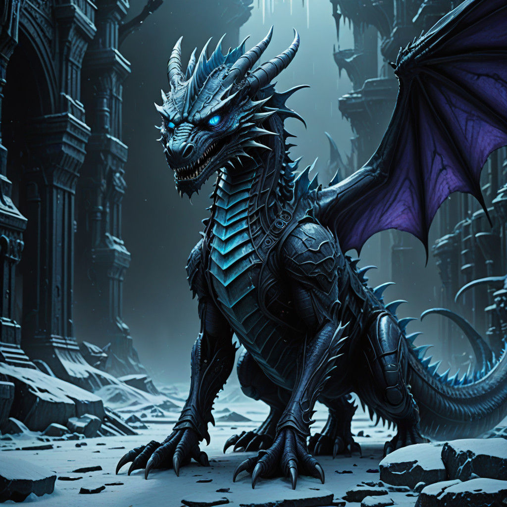 Majestic Cyborg Ice Dragon Reigns in Frozen Wasteland, Cyber...
