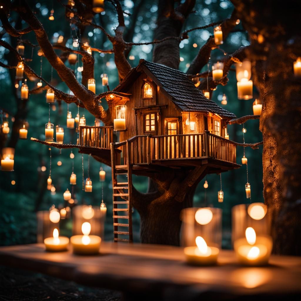 Enchanted Treehouse City Aglow with Candlelight