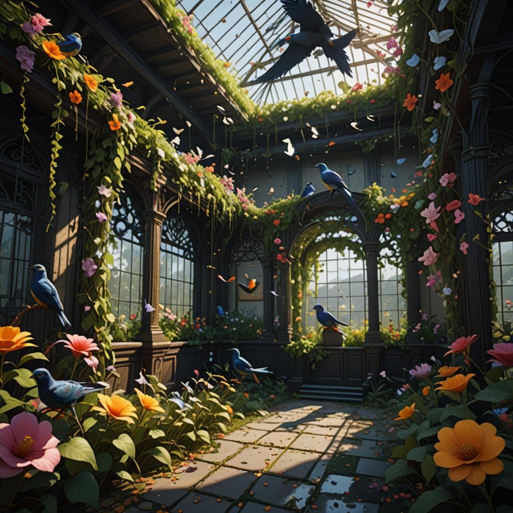 Lush Aviary with Trained Birds, Hyperdetailed Digital Art