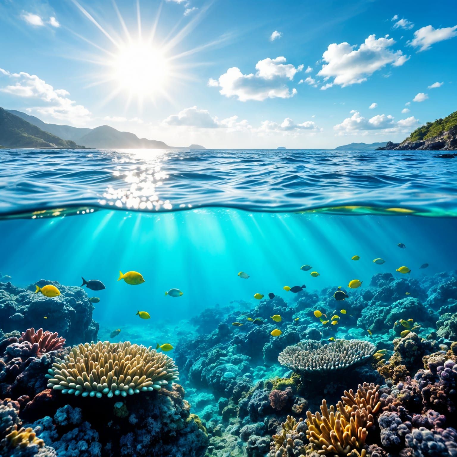 Split View: Sunlit Seascape and Vibrant Reef