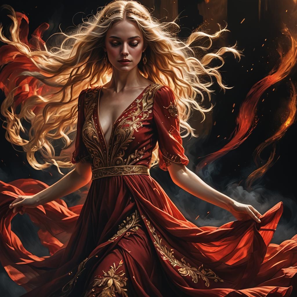 Dancing Blond Girl in Flowing Red Dress