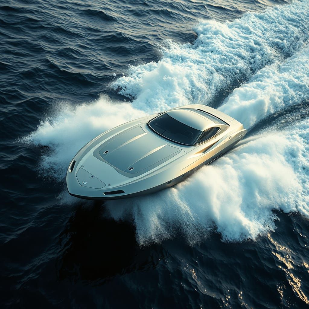 Sleek Stainless Steel Speedboat Cuts Through Turbulent Sea W...