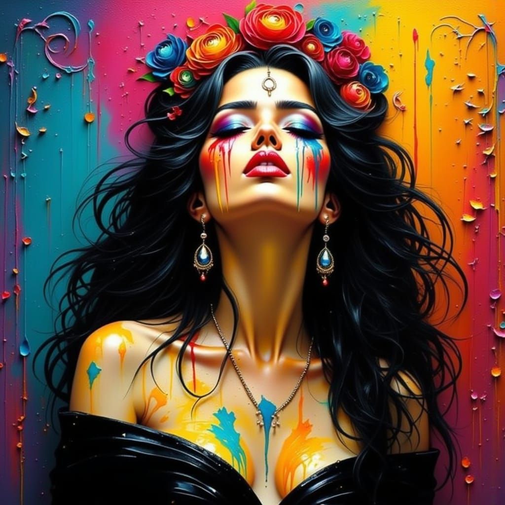 Latin Model with Colorful Paint, Surrealist Style