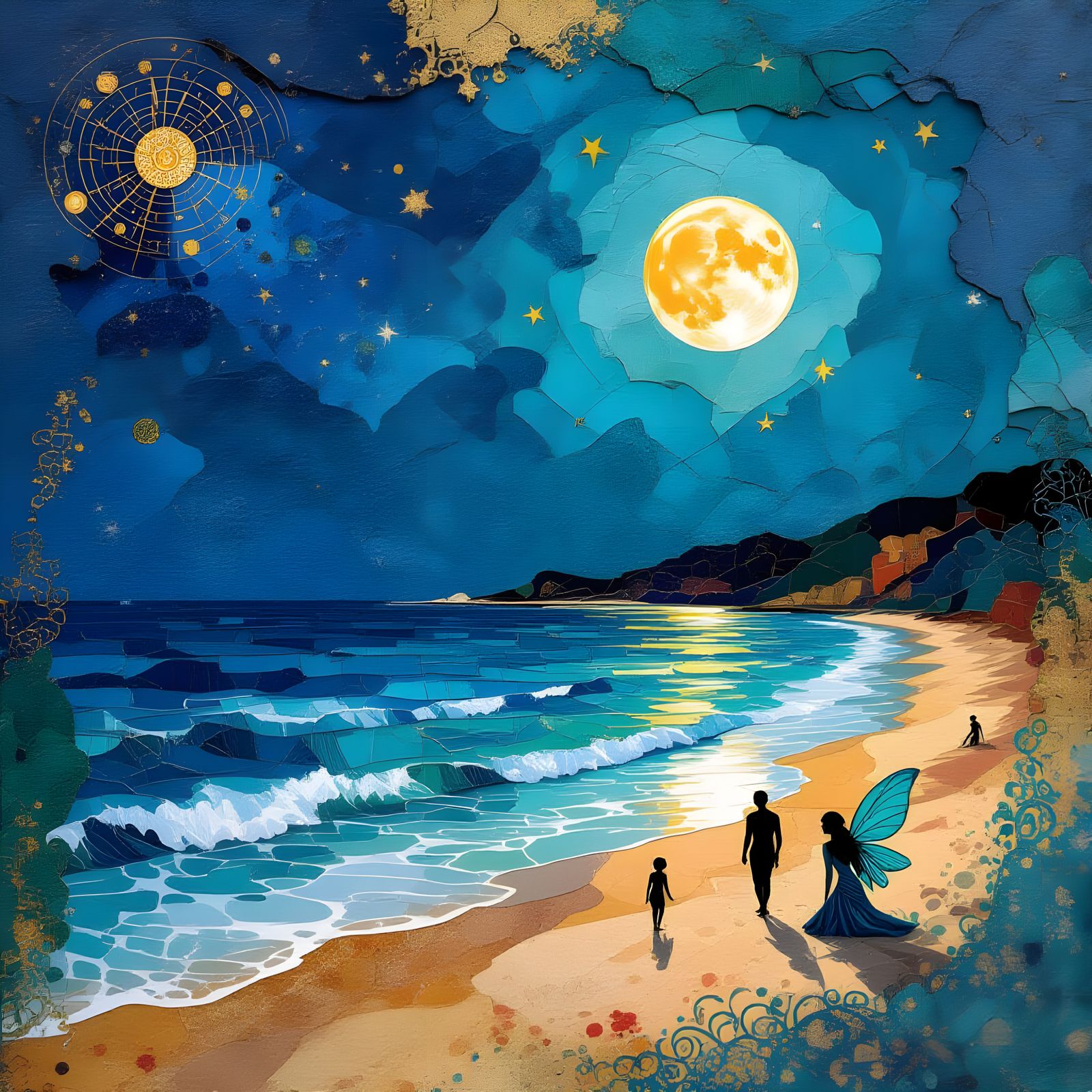 Abstract Summer Night Digital Collage with Metallic Paper