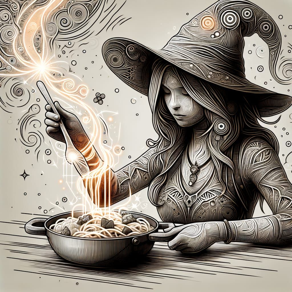 Witch Prepares Spaghetti Carbonara in Abstract Vector Style