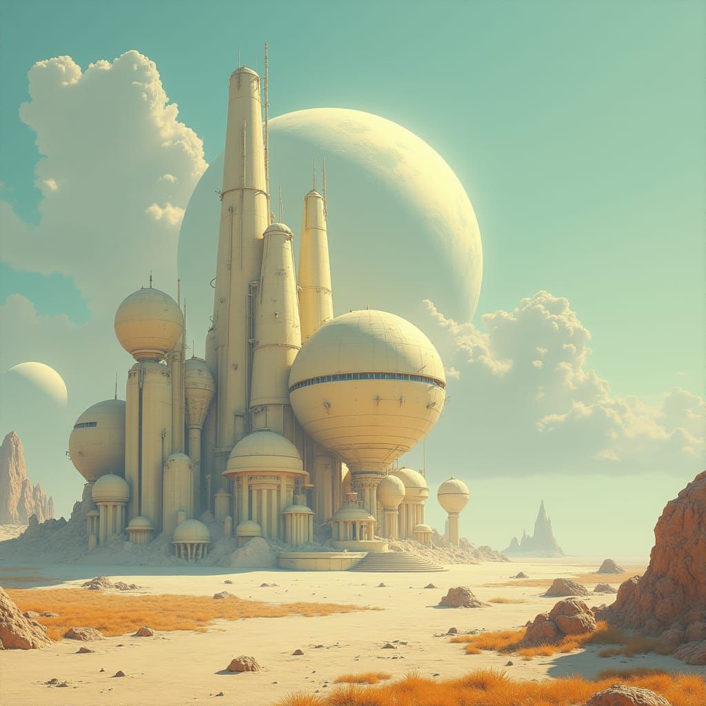 Retro-Futuristic Alien Construction in Oil Painting Style