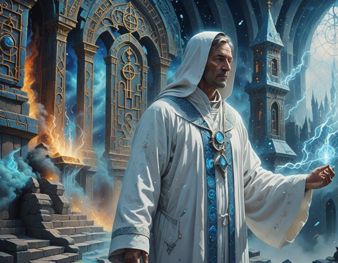 Surreal Robed Figure in Blue Castle Oil Painting