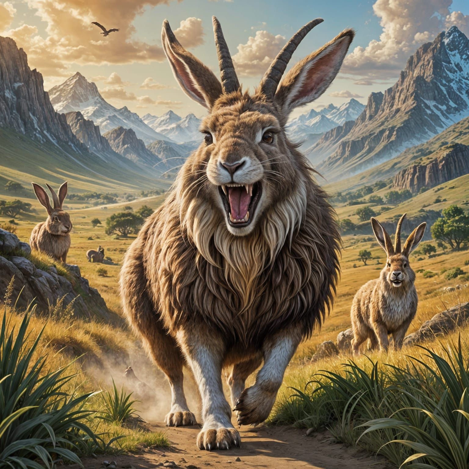 Majestic Woolly Rabbit-Gazelle Hybrid in Prehistoric Field