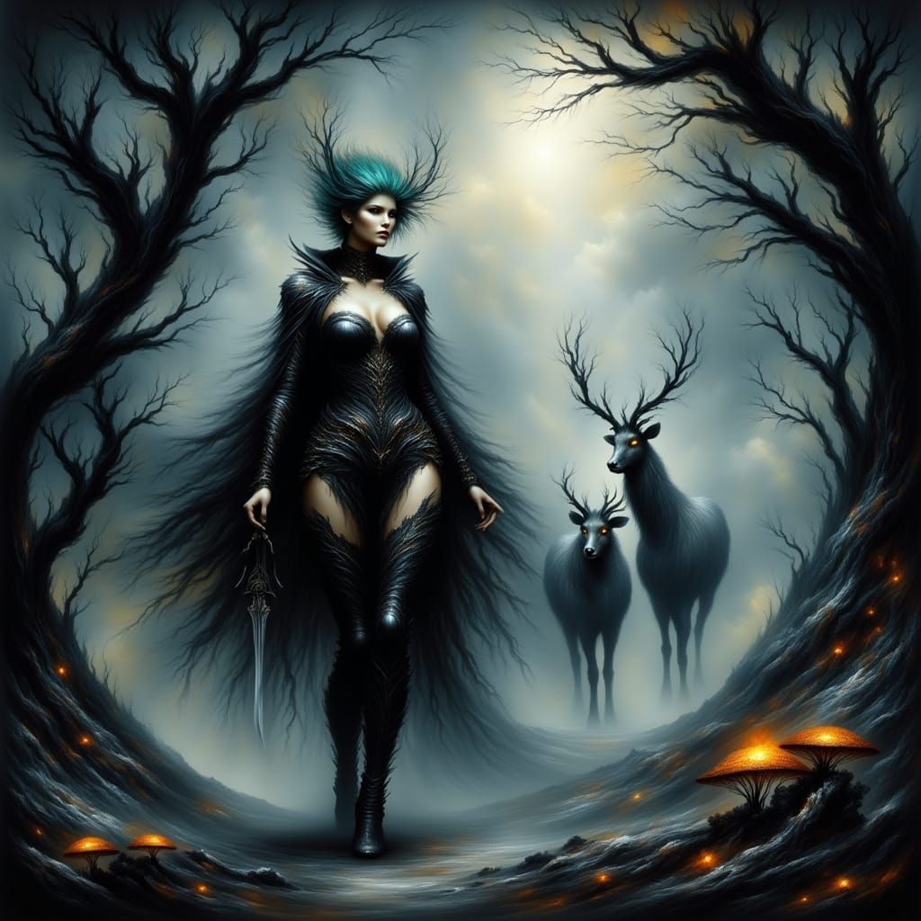 Mystical Gothic Warrior Stands Guard in Moonlit Forest