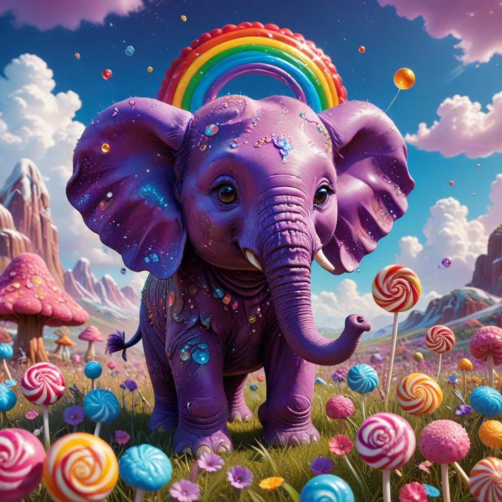 Psychedelic Chibi Baby Elephant in Whimsical Candyland