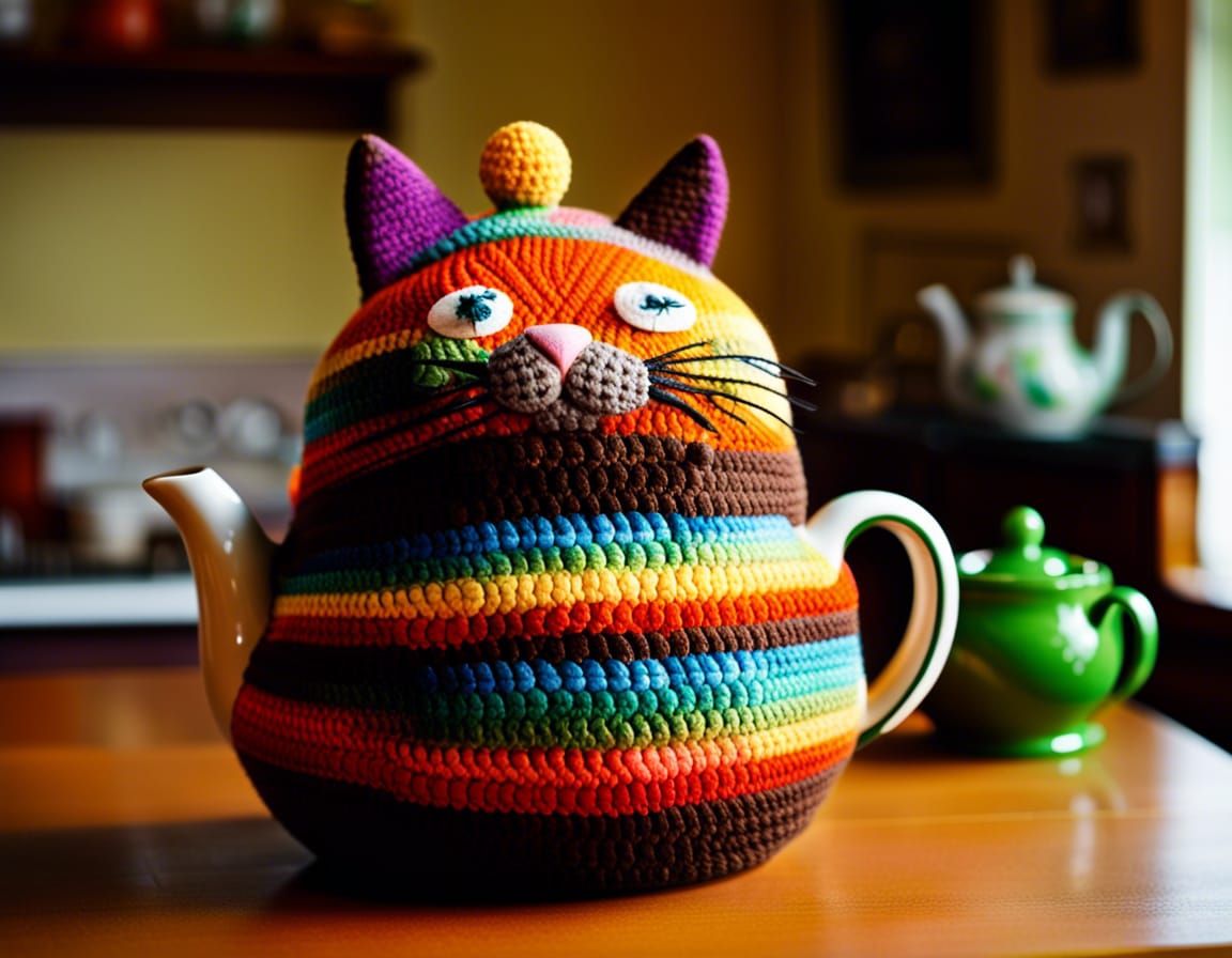 Crochet Cat Tea Cozy in Irish Cottage
