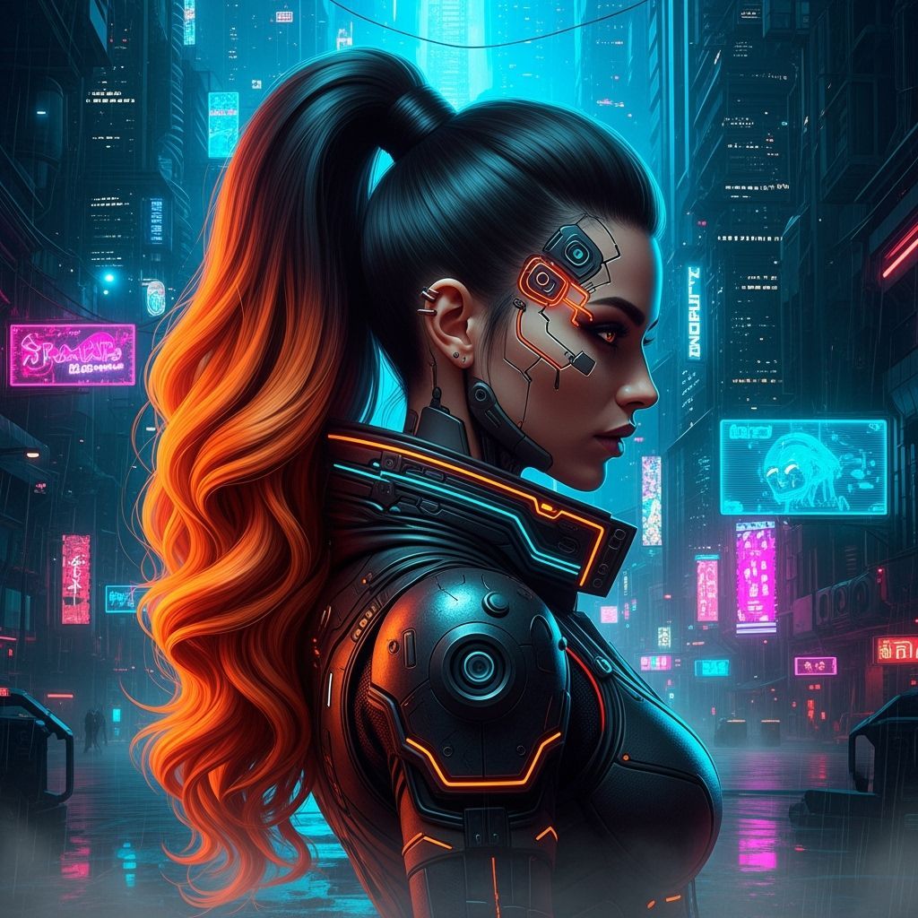 Cyberpunk Woman with Fiery Ponytail in Dystopian City