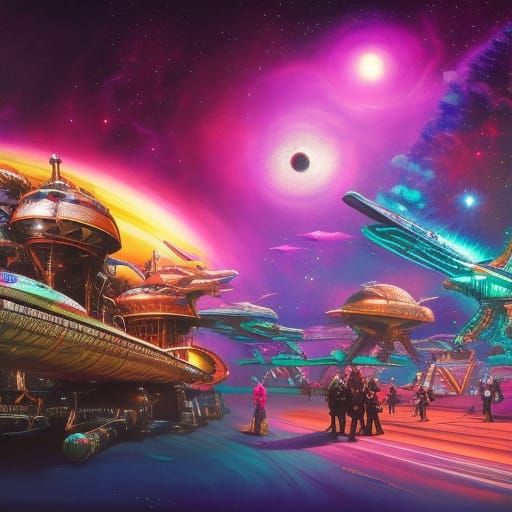 Space Pirate Ship in Cyberpunk Steampunk Style