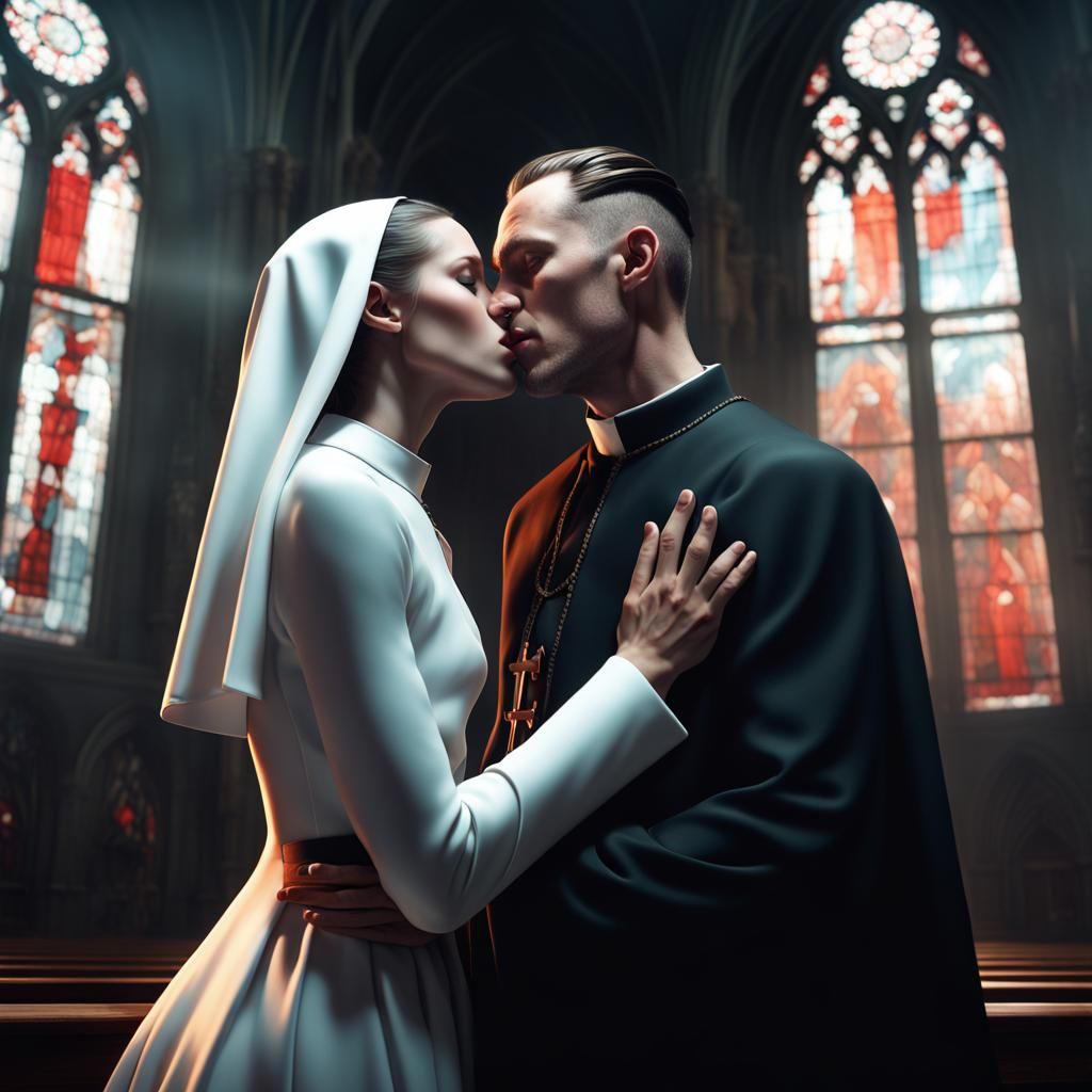 Passionate Kiss Between Priest and Nun in Surreal Church