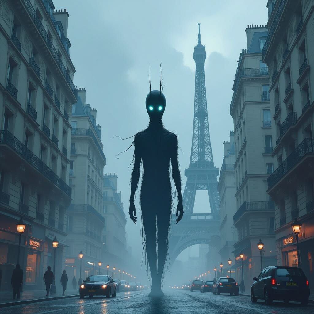 Siren Head in Cityscape with Eiffel Tower