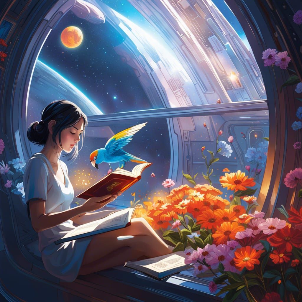 Girl Reading Book in Spaceship, Digital Art