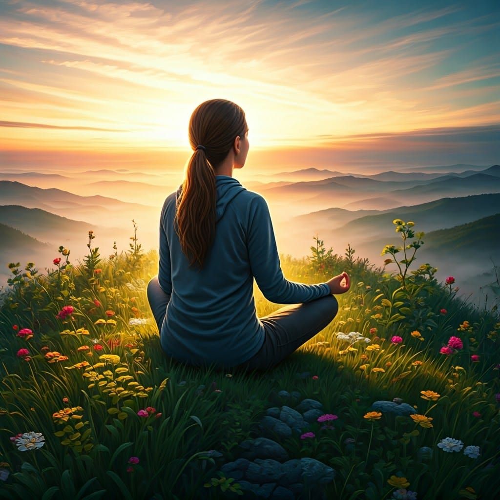 Contemplative Woman on Misty Mountain Peak