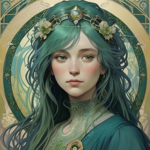Art Nouveau Lady with Green and Blue Hair