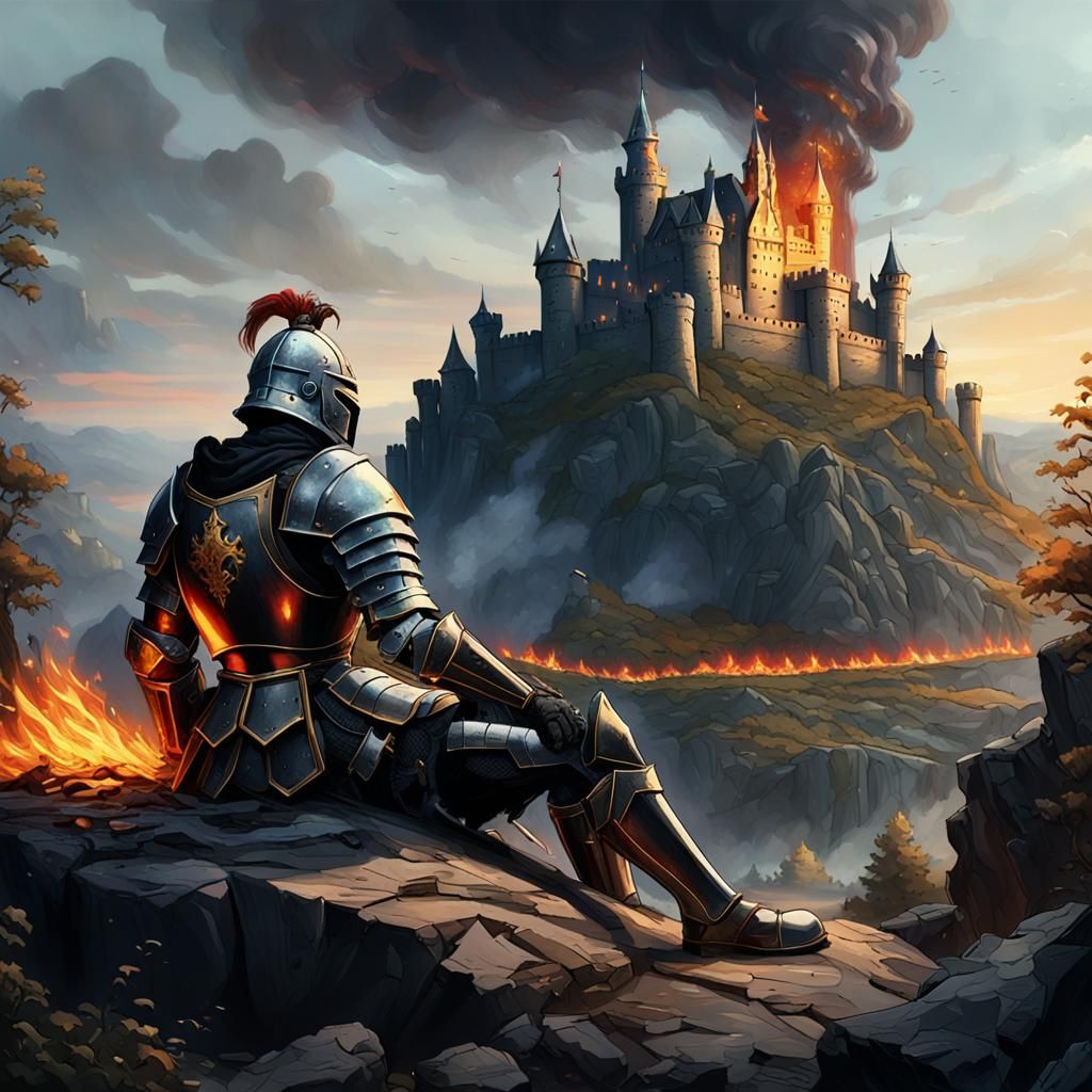 Wounded Knight Watches Burning Castle: Dark Fantasy Art