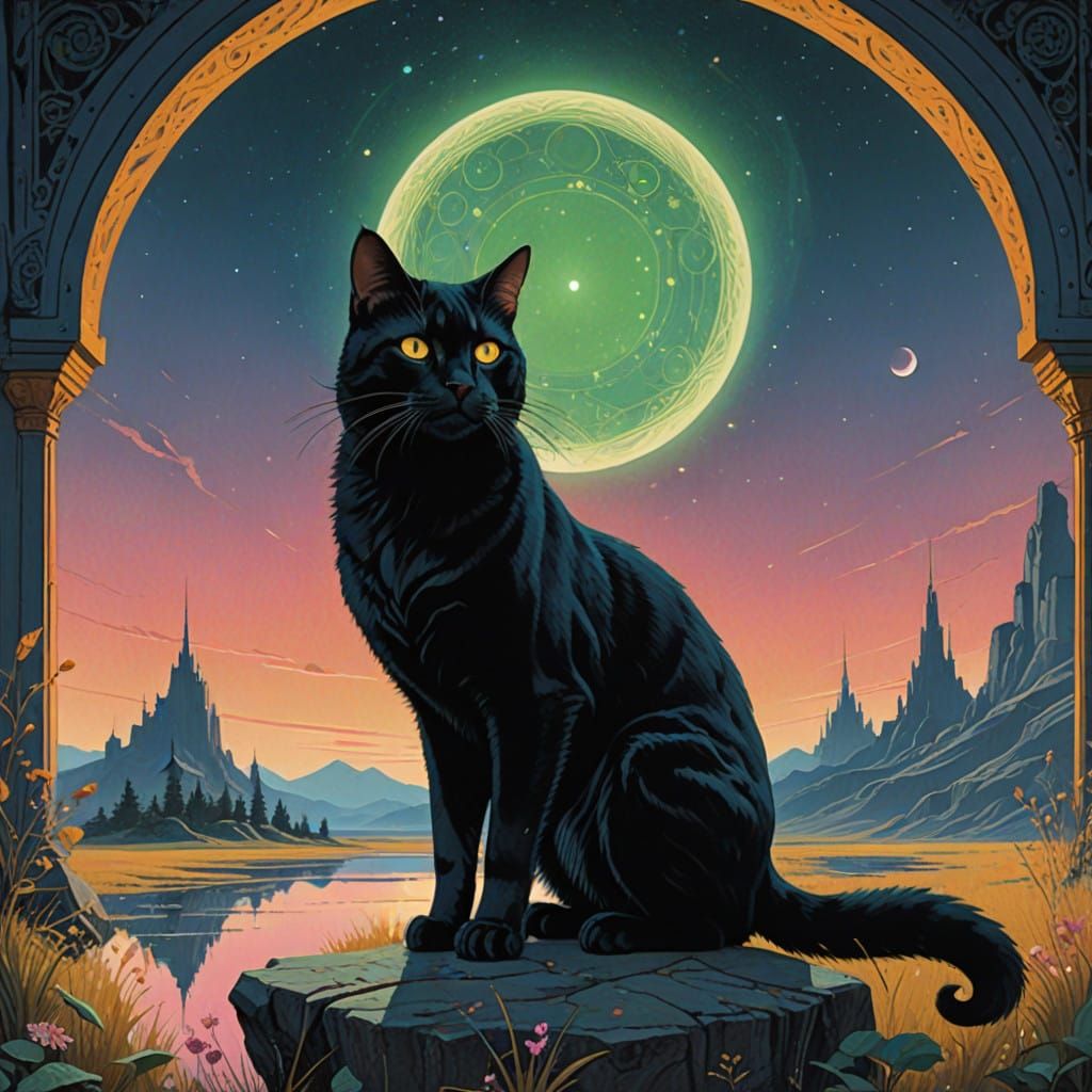 Majestic Celestial Cat with Glowing Eyes and Starry Imprints