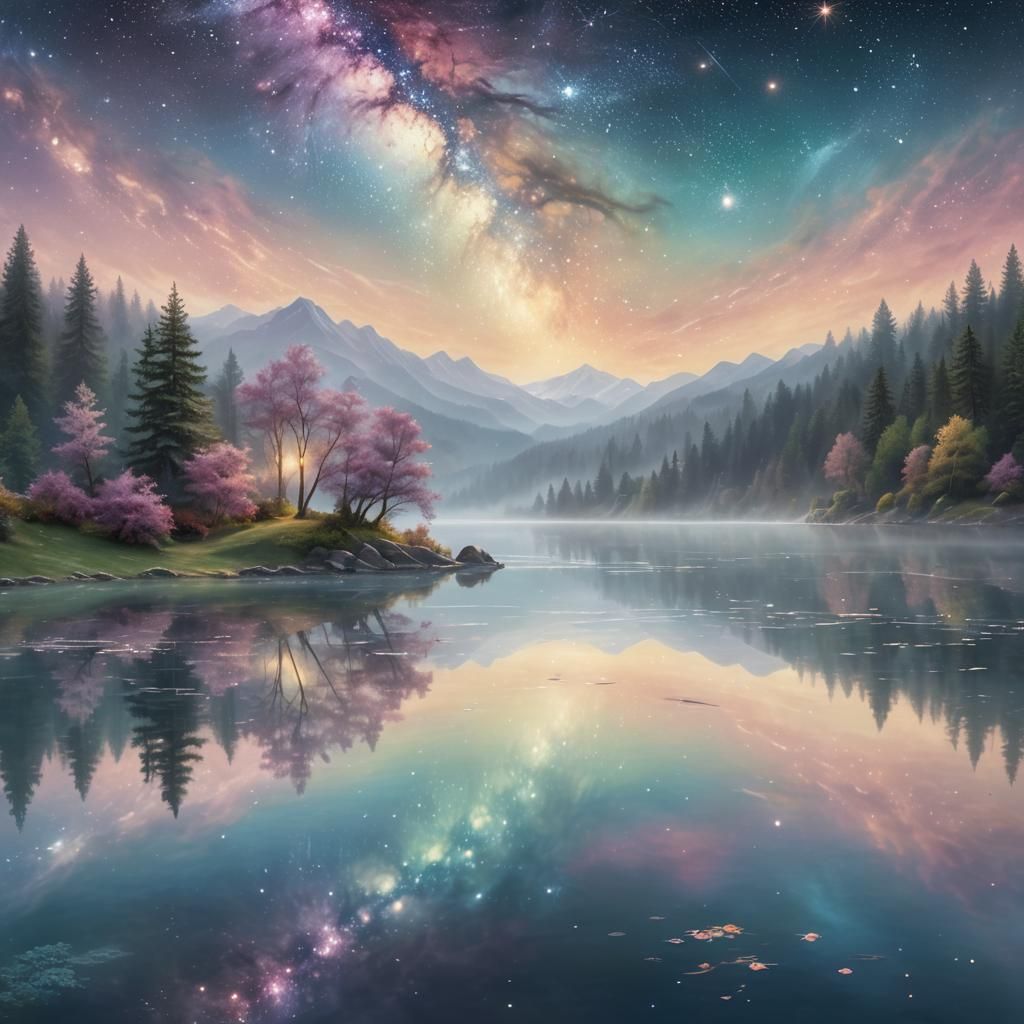 Fantasy Lake Reflects Swirling Galaxies as Oil Painting