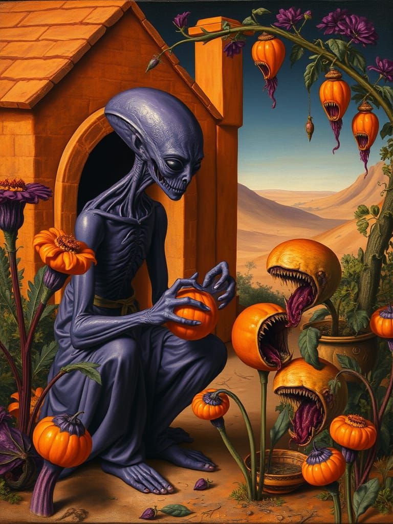 Violet Alien Collects Bizarre Fruit in a Martian Garden of L...