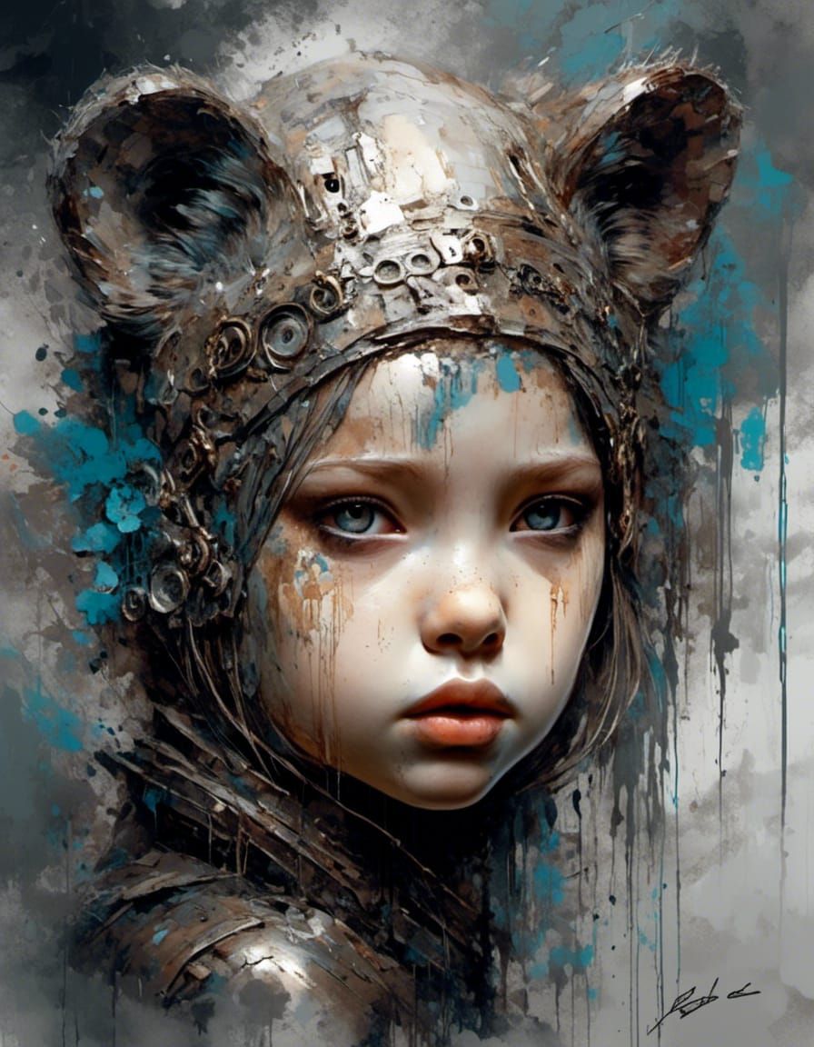 Dramatic Bear Cub Visage in Mixed Media Style