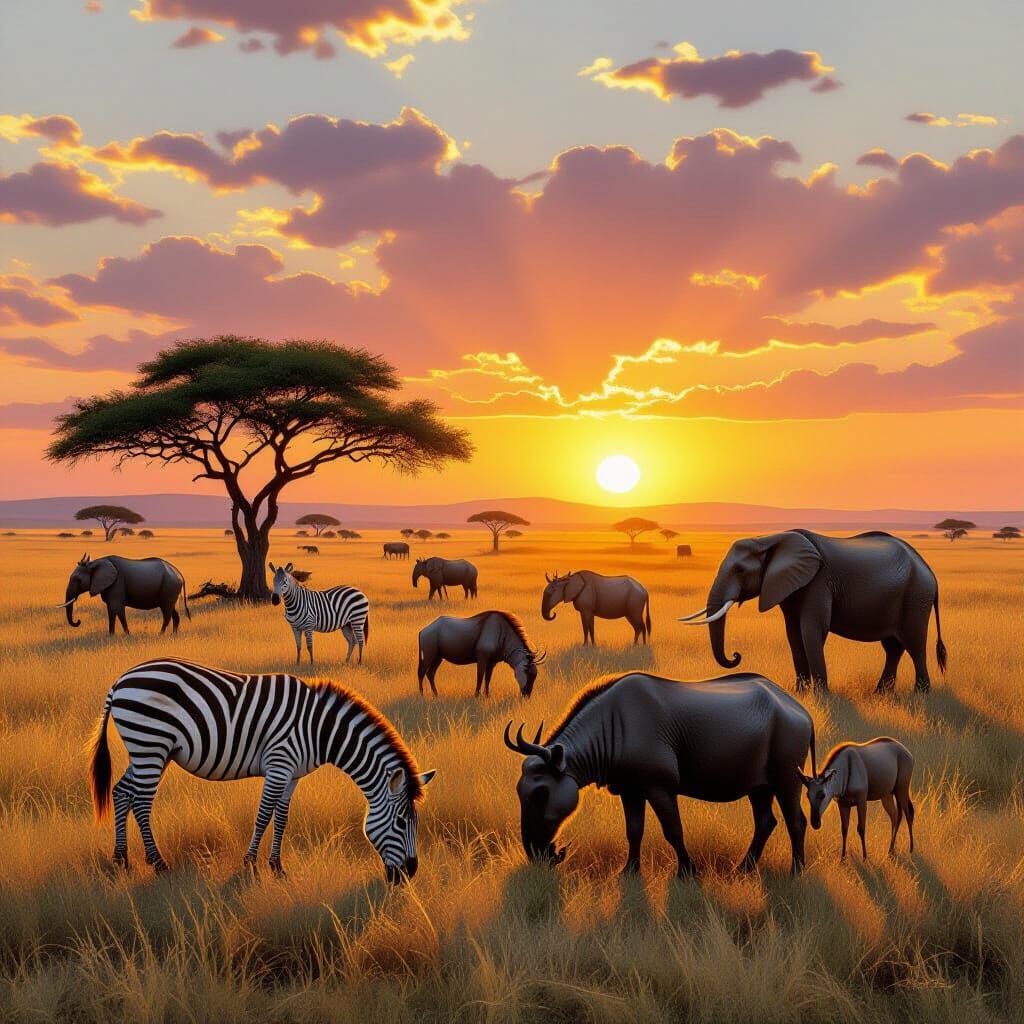 Savannah Wildlife at Sunset in Detailed Painting Style