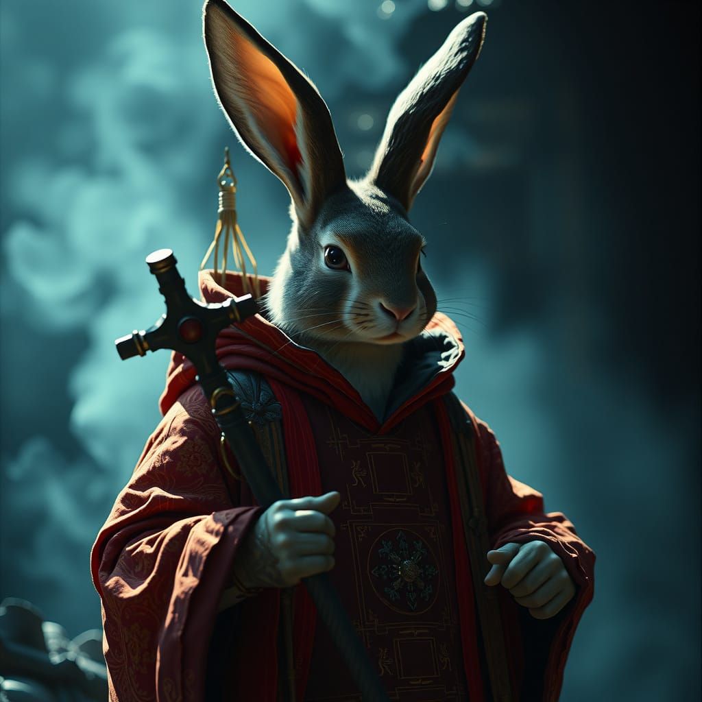 Rabbit Sorcerer in Dark Fantasy World: Cinematic Film Still