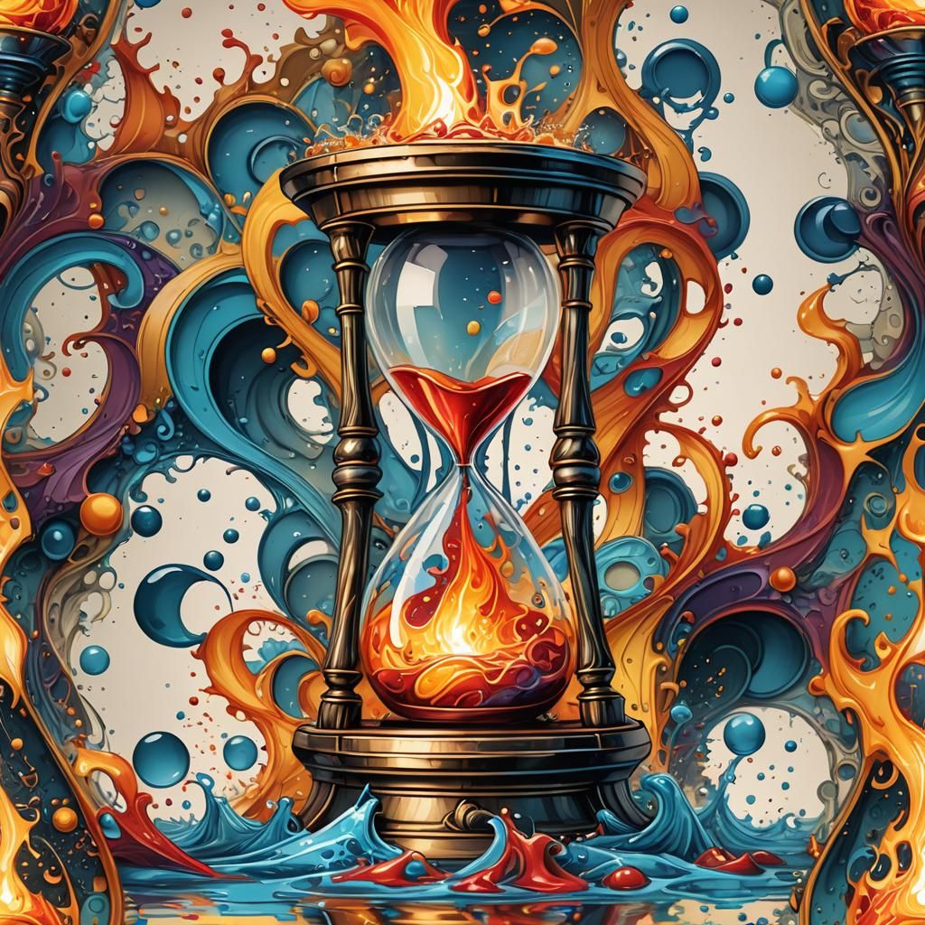 an hourglass with water and fire,