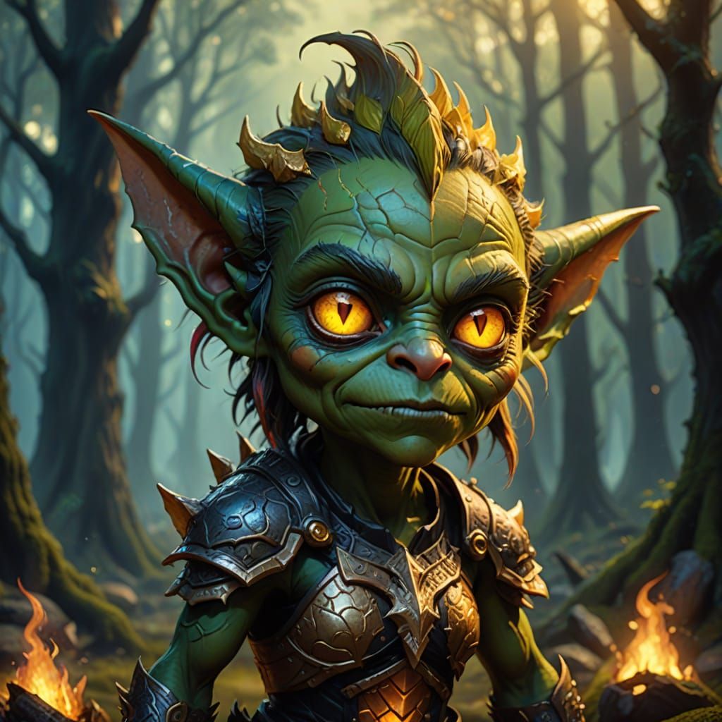 Vibrant Chibi Goblin Beast in Enchanted Forest