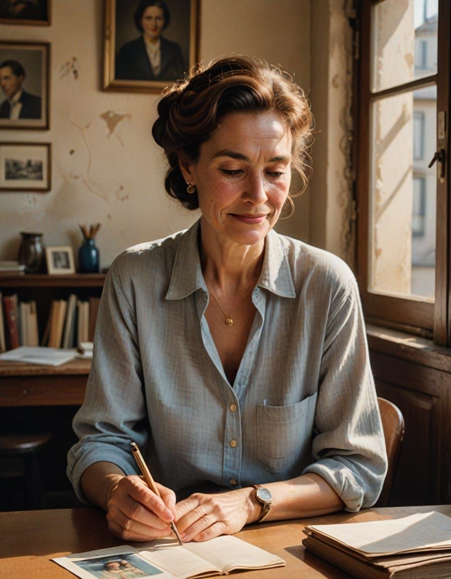 Woman Organizing Postcards in Nostalgic Setting