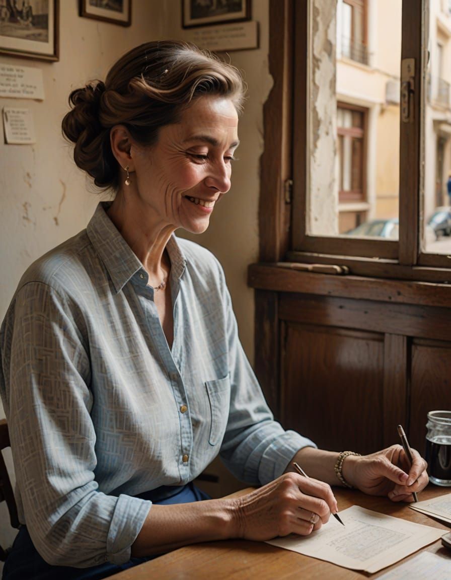 Woman Organising Postcards in Sunlit Room
