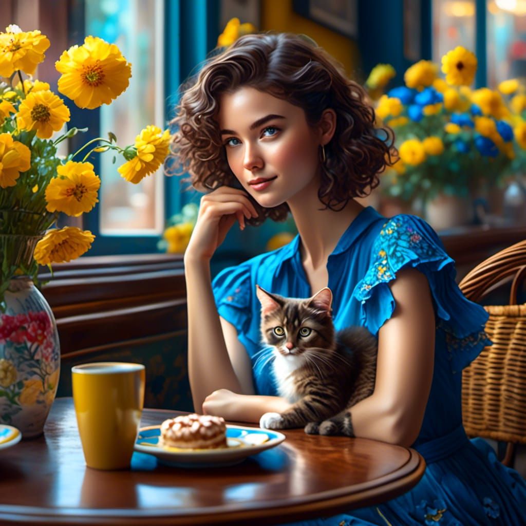 Woman in Cafe with Cat and Flowers