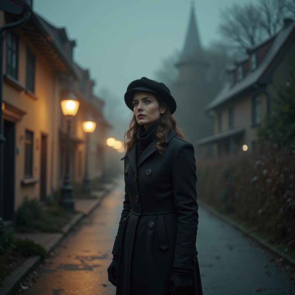Pensive Woman on Wet Road in Victorian Village