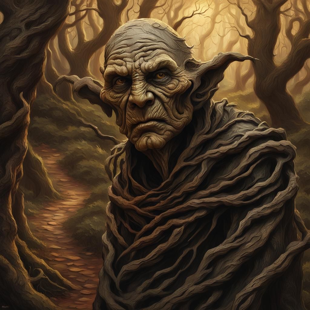 Cyberpunk-Inspired Grotesque Forest Crone Strolls Through a....