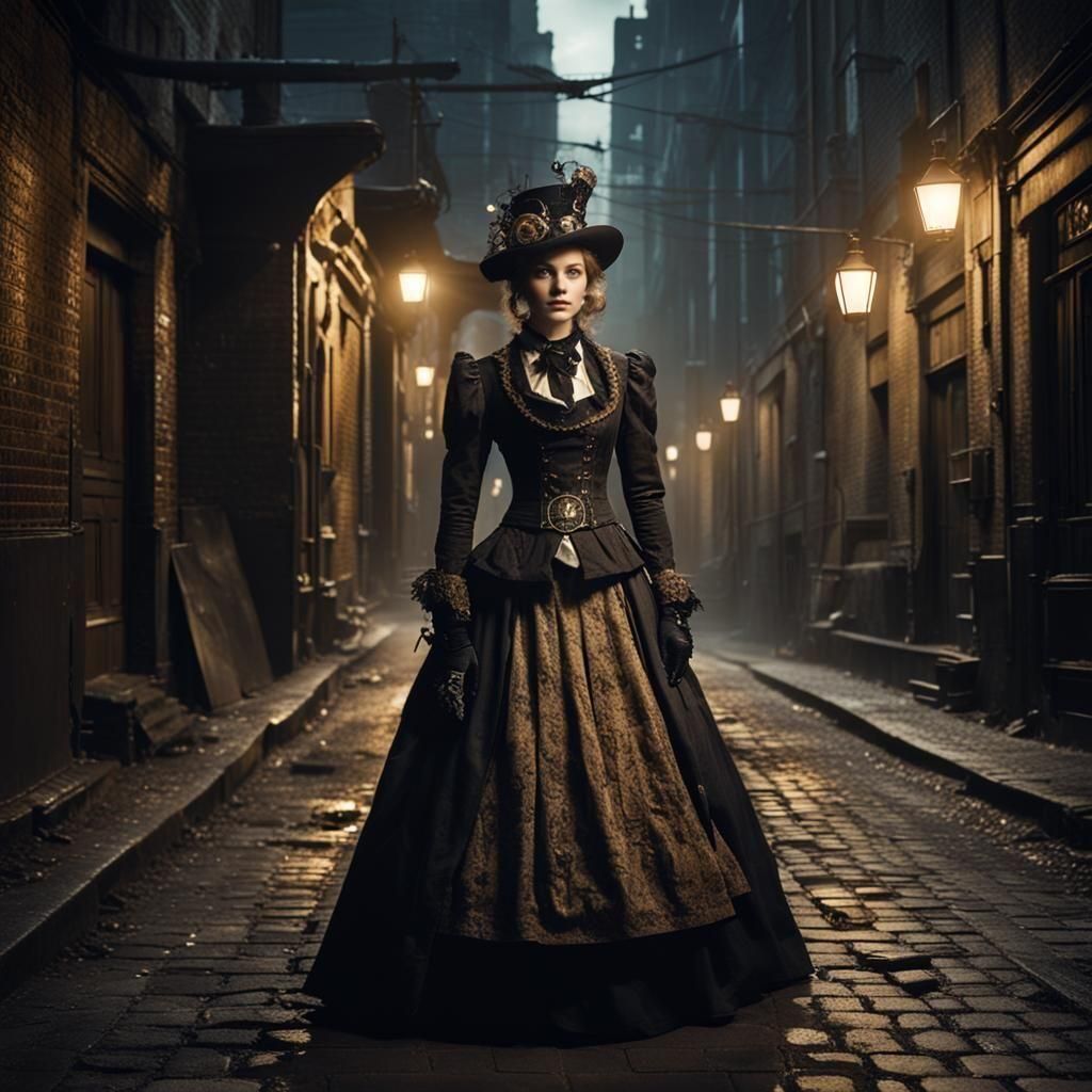 Steampunk Fusion: Victorian Meets Future in Dim Alley