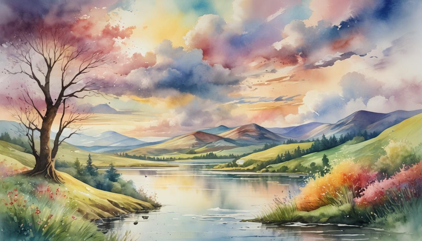 Fantasy Watercolor Landscape with Saturated Colors
